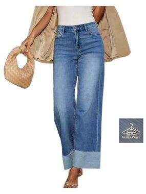 High Waisted Wide Leg Cuffed Jeans Frayed Raw Hem Stretch Boyfriend Denim